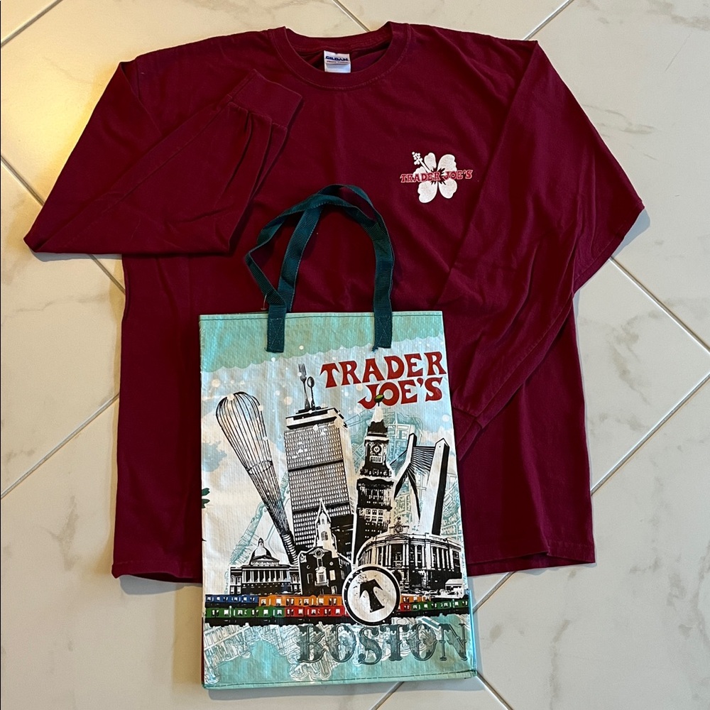 TRADER JOE’S Burgundy Long Sleeve Tee with BOSTON reusable grocery bag - Picture 2 of 4